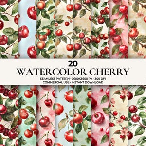 20 naadloze patronen aquarelkersen – schattig digitaal fruitpapier voor scrapbooking en commercieel gebruik