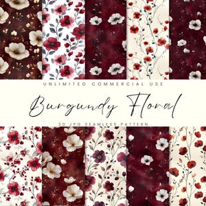 Burgundy Floral Seamless Pattern, Boho Floral Digital Paper Pack, Instant Download, Commercial Use