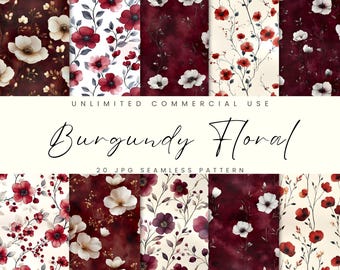 Burgundy Floral Seamless Pattern, Boho Floral Digital Paper Pack, Instant Download, Commercial Use