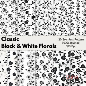 Puede incluir: Una colección de 20 patrones florales en blanco y negro sin costuras. Los diseños presentan varios arreglos de flores y hojas sobre un fondo blanco. Se muestra el texto "Classic Black & White Florals".
