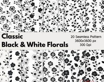 Seamless Black And White Florals, Watercolor Vintage Pattern, 20 JPG Pack, Commercial License