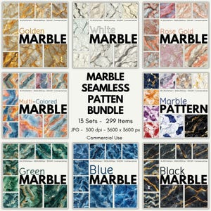 May include: A digital bundle of marble seamless patterns featuring 13 sets and 299 items in JPG format at 300 dpi and 3600 x 3600 px. The collection displays various color palettes including golden, white, rose gold, multi-colored, green, blue, and black marble.