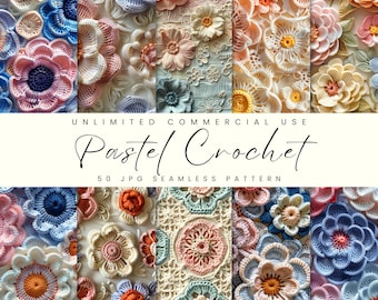 Pastel Crochet Seamless Pattern, Embroidery Digital Papers Pack, Instant Download, Commercial Use