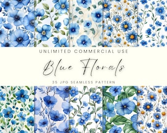 Blue Florals Seamless Pattern, Flower Digital Paper, Watercolor Scrapbook Page, Instant Download, Commercial Use