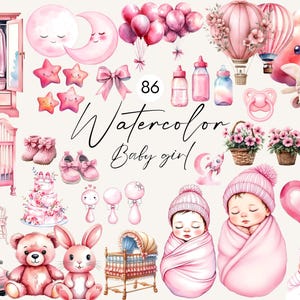 86 Watercolor Baby Girl Clipart – Pink Baby Shower Decorations for Nursery & Party Use – Instant Download, Commercial License