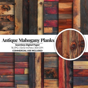 Papel digital de tablones de madera de caoba rústica sin costuras / 16 archivos digitales Jpg / Papel para álbumes de recortes / Uso comercial / Descarga instantánea