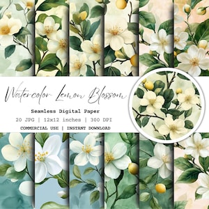 20 Aquarell Zitronenblüten Digitales Papier | Nahtloses Blumenmuster | Zitronen-Druck | Kommerzielle Nutzung | Sofort Download Früchte Design
