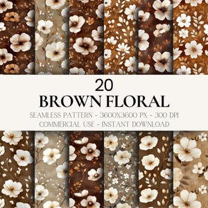 20 Brown Floral Seamless Digital Papers | Watercolor Ditsy Flowers, Vintage Floral Print for Scrapbook & Junk Journal | Commercial Use