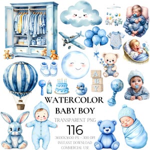 116 Boy Babyshower Clipart Bundle | Blue Baby Boy PNG Set, Newborn Watercolor Graphics, Gender Reveal Party, Birthday Art | Commercial Use