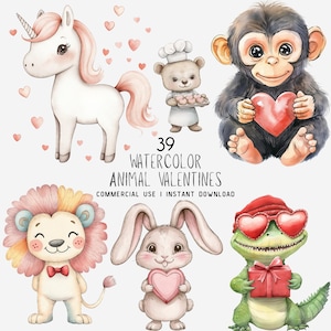 Watercolor Animal Valentines Clipart, Cute Animal Clip Art, Animal PNG Bundle, Commercial Use, Digital stickers