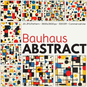 May include: A selection of Bauhaus abstract patterns. The designs incorporate geometric shapes such as circles, squares, and lines in red, yellow, blue, and black on a cream backdrop. The image includes the text "Bauhaus ABSTRACT".