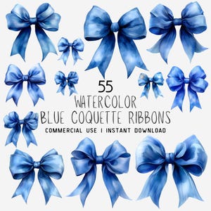 Watercolor Blue Coquette Ribbons Clipart: Bows, Frames (Commercial Use) (Digital Download)