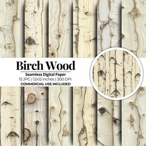 Papel digital de madera de abedul sin costuras / 15 archivos digitales Jpg / Papel para álbumes de recortes / Papel para manualidades / Uso comercial / Descarga instantánea