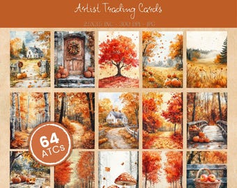 Cozy Autumn Junk Journal ATC Cards - 64 Printable Ephemera, Fall Watercolor Art