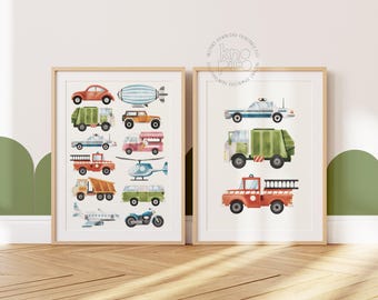 Decorazione murale con veicoli ad acquerello per bambini piccoli / Decorazione per cameretta dei bambini con set di arte stampabile per la sala giochi con veicoli e costruzioni