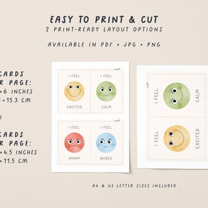 May include: Printable emotion cards with watercolor smiley faces, labeled with feelings like "Excited," "Calm," "Angry," and "Bored." The cards are available in PDF, JPG, and PNG formats, with two layout options. One option has 4 cards per page (4.5 x 6 inches), and the other has 2 cards per page (3.4 x 4.5 inches).