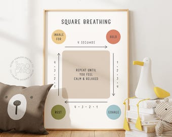 Square Breathing Poster: Mindful Breathing Guide for Kids | Box Breathing Exercise for School Psychology and Therapist Office Colorful Print