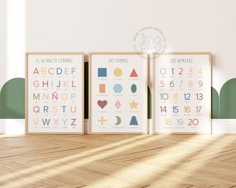 May include: Three framed educational posters. The left poster displays the Spanish alphabet in colourful letters. The middle poster shows shapes with their Spanish names. The right poster features numbers 1-20. All posters have a light wood frame.