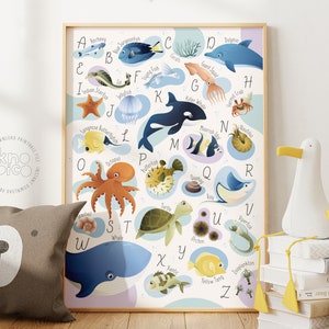 Ozean Tier ABC Poster für Spielzimmer im Meereslook | Nautische Schlafzimmer Alphabet Wandkunst für Kinder Frühes Lernen | Kleinkind Hausschule Drucke
