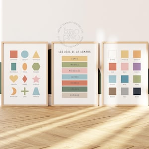 Spanish Toddler Learning Posters Set of 3 | Days of the Week, Primary Colors in Spanish and Math Shapes Learning Print, Kids Playroom Decor