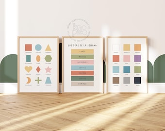 Spanish Toddler Learning Posters Set of 3 | Days of the Week, Primary Colors in Spanish and Math Shapes Learning Print, Kids Playroom Decor