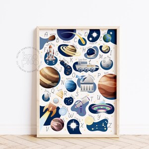 Space Alphabet Poster Kids and ABC Solar System | Educational Wall Art Print for Nursery Room Decor and Astronomy Printable Learning Toddler
