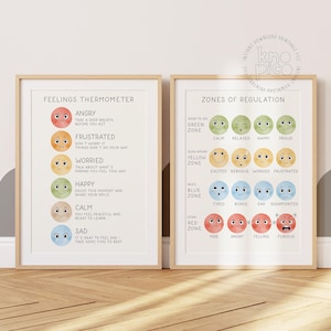 Op de afbeelding: Twee ingelijste prints met een lichte houten afwerking. De linkerprint is een "Gevoelsthermometer" met illustraties van emoties. De rechterprint is "Zones of Regulation" met kleurgecodeerde zones en bijbehorende gevoelens.