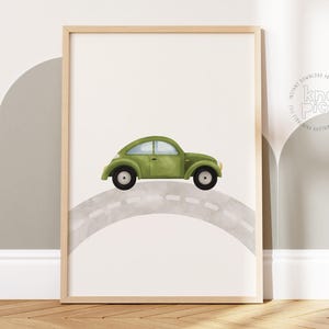Green Old Car Watercolor Poster for Boy Nursery Wall Art | Toddler Vehicle Decor Printable Transport Car Poster, Boys Room Vintage Prints