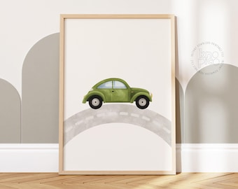 Green Old Car Watercolor Poster for Boy Nursery Wall Art | Toddler Vehicle Decor Printable Transport Car Poster, Boys Room Vintage Prints