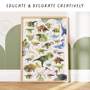 Póster de dinosaurios con el alfabeto inglés, arte de pared para habitación de niños pequeños, guardería de aventuras, aprendizaje temprano preescolar imprimible para dormitorio de niños.
