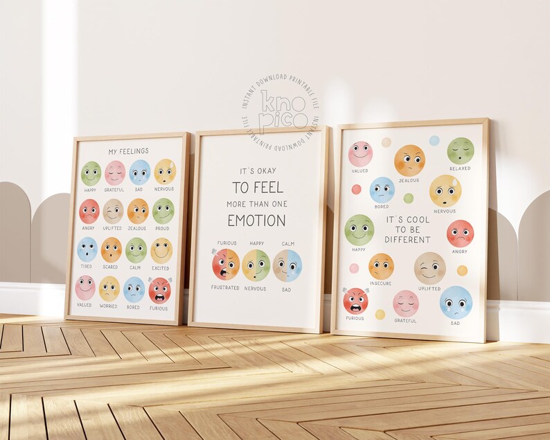 Kids Emotions Chart and Set of 3 Feelings Posters for Therapy Decor and ...