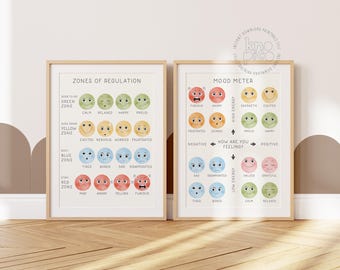 Può includere: Due stampe incorniciate con cornice in legno. La stampa a sinistra è intitolata "Zones of Regulation" e quella a destra "Mood Meter". Entrambe le stampe presentano illustrazioni colorate di volti che rappresentano diverse emozioni.