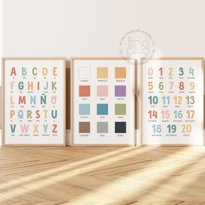 May include: Three framed educational prints. The left print displays the alphabet in colorful letters. The center print shows color swatches with Spanish color names. The right print features numbers 0-20 with Spanish number names.