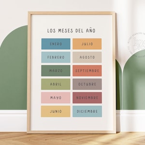 Póster de los meses del año: Arte mural colorido para aprender español para niños / Decoración del aula y recurso para maestros / Impresión para educación preescolar en casa