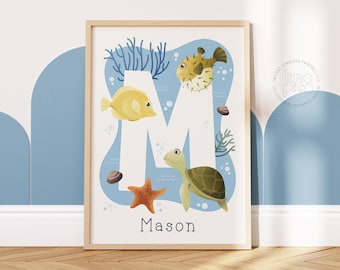 Personalized Ocean-Themed Name Sign for Kids Playroom Decor | Custom Baby Name Print for Toddler Girl, Boy Bedroom | Nursery Wall Art Poster
