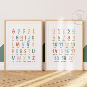 Bilingual Spanish Alphabet & Numbers Poster Set | Rainbow Wall Art Hanging for Homeschool, and Classroom | Preschool Teacher Resources
