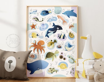 Meerestier Alphabet und ABC Poster für Kinder | Lerndruck für Kleinkinder, Kinderspielzimmer und Klassenzimmer