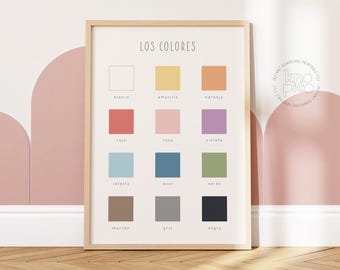 Educatieve Spaanse posters voor kinderen Kleuren leren | Tweetalige educatieve peuterkamerdecoratie, afdrukbare muurkunst voor kleuterklas