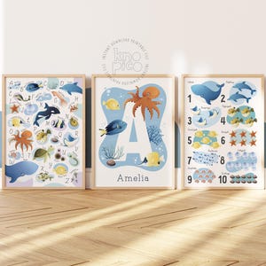 3er Set Kinderposter - Individuelles Namensschild, Lern-Alphabet und Mathe Wandkunst | Ocean Decor, bunte Kinderzimmer Drucke, perfektes Baby Geschenk