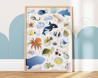 Ozean Tiere Alphabet Poster | ABC Print für pädagogisch wertvolles Kinderzimmer Wand Dekor mit Meereskreaturen, Kleinkindern lernen und Klassenzimmer Thema Print