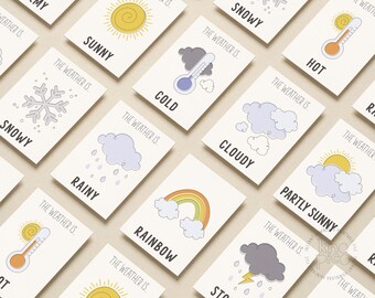 Weather Conditions Flashcards for Kids | Preschool Weather Prints for Early Year Education and Fun Toddler Weather Learning Seasons Card Set