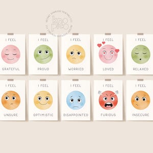 May include: A set of ten emotion cards, each featuring a watercolor illustration of a face expressing a different feeling. The emotions include grateful, proud, worried, loved, relaxed, unsure, optimistic, disappointed, furious, and insecure. Each card has the text "I FEEL".