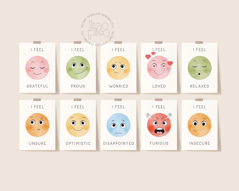 May include: A set of ten emotion cards, each featuring a watercolor illustration of a face expressing a different feeling. The emotions include grateful, proud, worried, loved, relaxed, unsure, optimistic, disappointed, furious, and insecure. Each card has the text "I FEEL".
