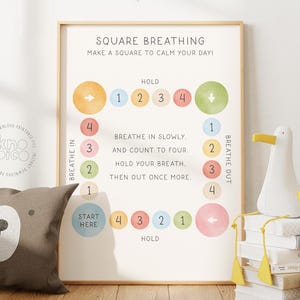 Könnte beinhalten: Ein gerahmter Druck mit Anweisungen zum Quadratatmen, mit farbigen Kreisen und Text. Ein Bärenkissen, eine weiße Entenfigur und ein Stoffbär befinden sich im Vordergrund. Der Rahmen ist aus hellem Holz.