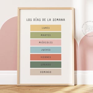Póster de los días de la semana: Arte mural educativo para niños, aprendizaje de español, pósteres coloridos para el aula, decoración preescolar y sala de juegos imprimible.