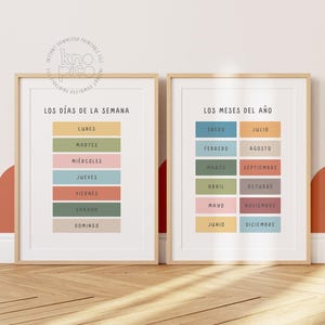 Spanish Posters with Days of the Week and Months for Kids | Set of 2 Colorful Playroom Nursery Wall Art Prints for Spanish Classroom Decor