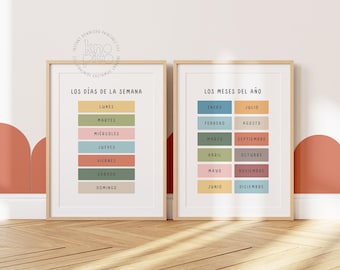 Spanish Posters with Days of the Week and Months for Kids | Set of 2 Colorful Playroom Nursery Wall Art Prints for Spanish Classroom Decor