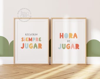 Pósteres en español para la sala de juegos de los niños / Póster con arte motivacional y frases en español, láminas coloridas con citas en español para la decoración de la sala de juegos de los niños.