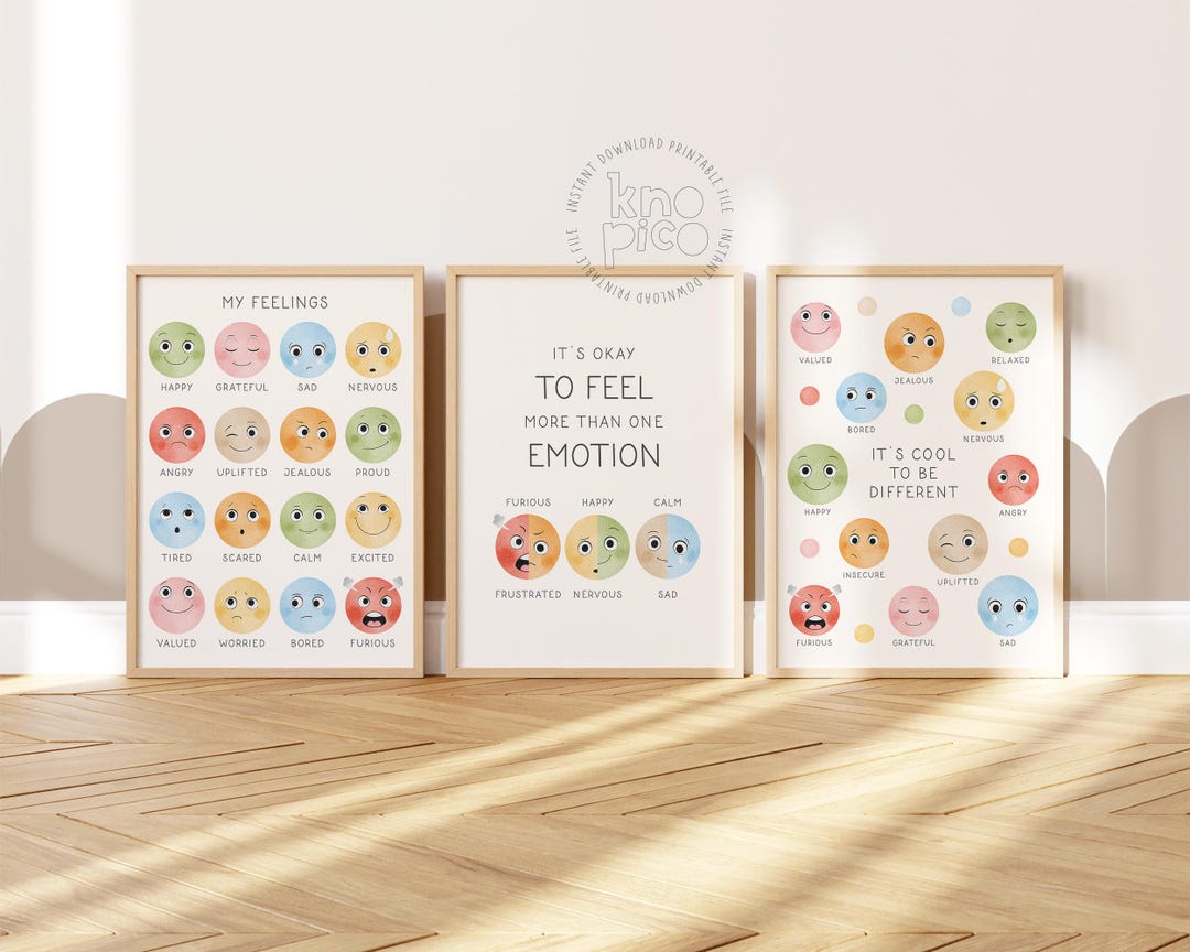Kids Emotions Chart and Set of 3 Feelings Posters for Therapy Decor and ...