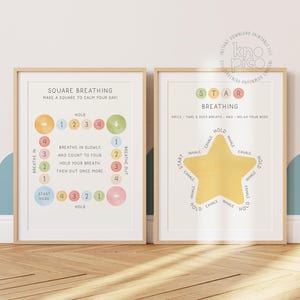 May include: Two framed prints with wooden frames. The left print is titled "SQUARE BREATHING" and illustrates a breathing exercise with colourful circles. The right print is titled "STAR BREATHING" and features a yellow star with breathing instructions.